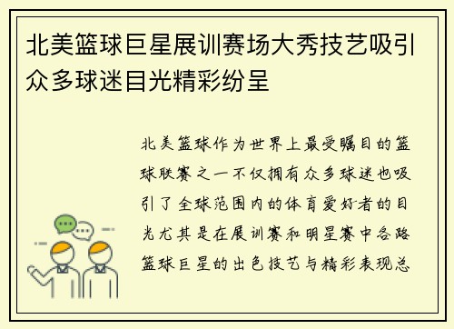 北美篮球巨星展训赛场大秀技艺吸引众多球迷目光精彩纷呈