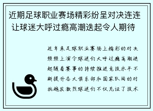 近期足球职业赛场精彩纷呈对决连连 让球迷大呼过瘾高潮迭起令人期待