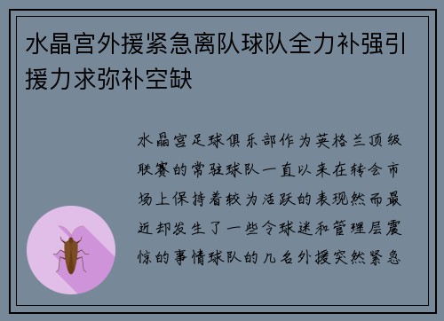 水晶宫外援紧急离队球队全力补强引援力求弥补空缺
