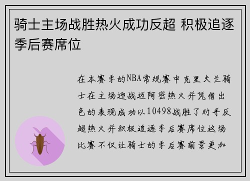 骑士主场战胜热火成功反超 积极追逐季后赛席位